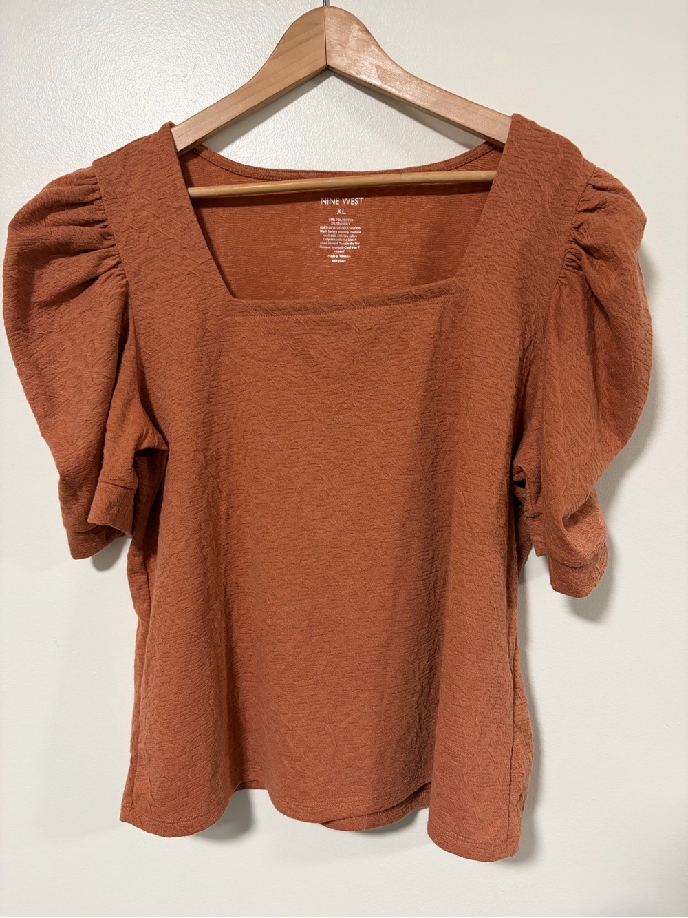 Nine West Rust Textured Puff-Sleeve Square Neck Blouse